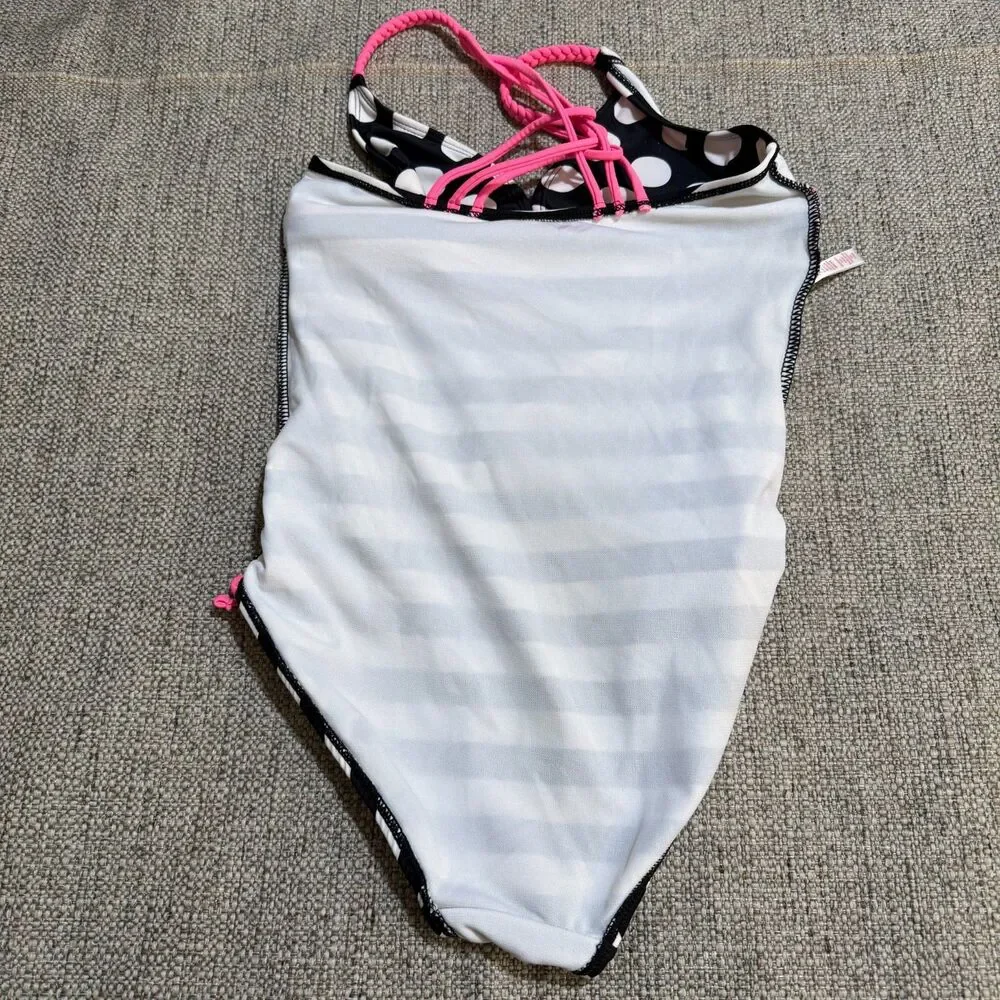 SO Kohl’s Girls Black White Striped Polka Dot One Piece Swimsuit Pink 16